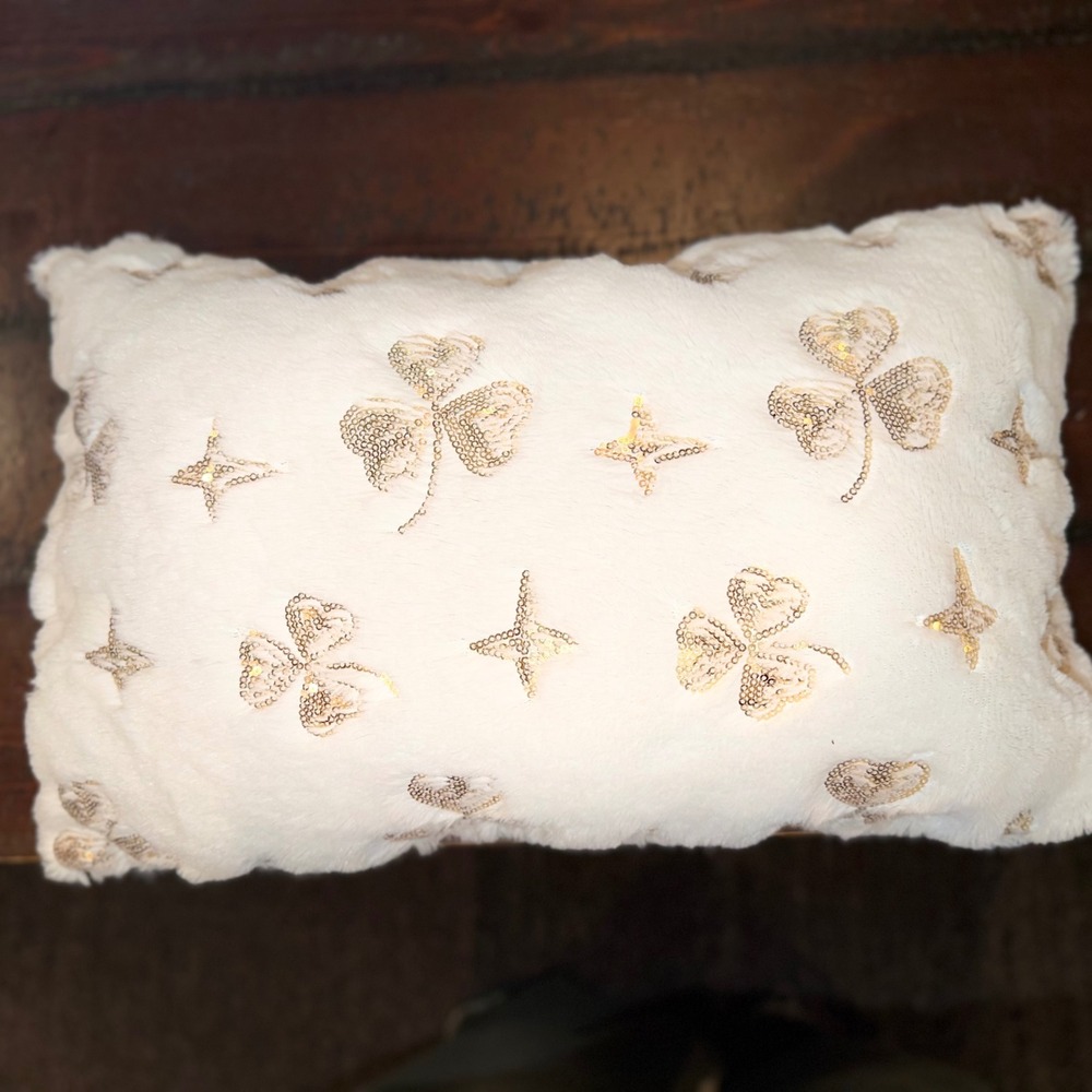 White Faux Fur Lumbar Pillow Gold Sequin Shamrock Clover St Patricks Day Decor